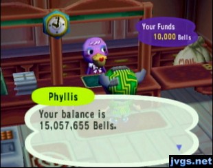 Phyllis: Your balance is 15,057,655 bells.