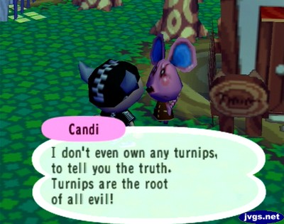 Candi: I don't even own any turnips, to tell you the truth. Turnips are the root of all evil!