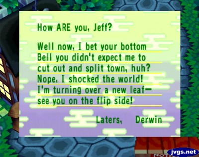 Derwin's goodbye letter in Animal Crossing for Nintendo GameCube.