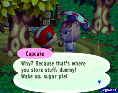 Cupcake: Why? Because that's where you store stuff, dummy! Wake up, sugar pie!