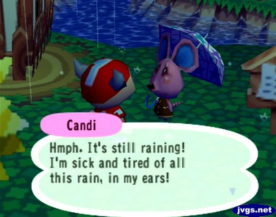 Candi: Hmph. It's still raining! I'm sick and tired of all this rain, in my ears!