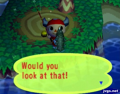 Jeff, holding up a coelacanth in Animal Crossing: Would you look at that!