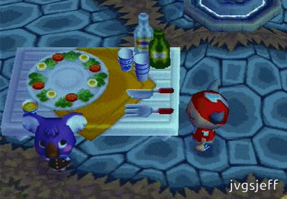 Animated GIF of me swiping the fork and knife from the table during the harvest festival in Animal Crossing on Nintendo GameCube.