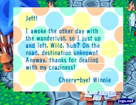 Jeff! I awoke the other day with the wanderlust, so I just up and left. Wild, huh? On the road, destination unknown! Anyway, thanks for dealing with my craziness! Cheery-bye! -Winnie