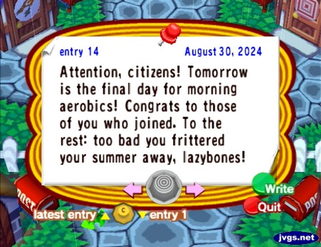 Attention, citizens! Tomorrow is the final day for morning aerobics! Congrats to those of you who joined. To the rest: too bad you frittered your summer away, lazybones!