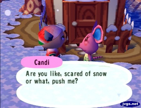 Candi: Are you like, scared of snow or what, push me?