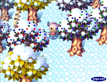 Festive lights on trees for the holidays in Animal Crossing.