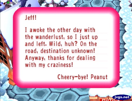 Jeff! I woke the other day with wanderlust, so I just up and left. Wild, huh? On the road, destination unknown! Anyway, thanks for dealing with my craziness! Cheery-bye! -Peanut