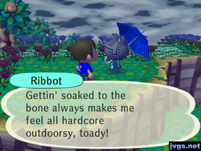 Ribbot: Gettin' soaked to the bone always makes me feel all hardcore outdoorsy, toady!