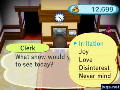 I point my cursor to "irritation" as the clerk asks what show I would like to see.