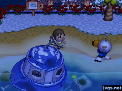 Gulliver stands on the beach, near his spaceship (UFO).