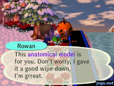 Rowan: This anatomical model is for you. Don't worry, I gave it a good wipe down, I'm grreat.