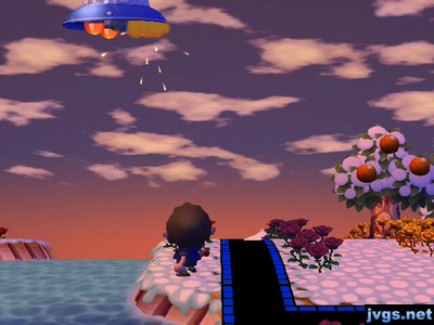 Shooting Gulliver's flying spaceship (UFO) with my slingshot in Animal Crossing: City Folk (ACCF).