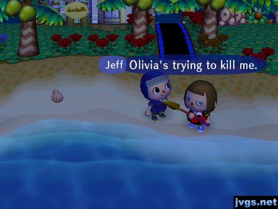 Olivia stands near the beach, with her shovel to Jeff's neck.