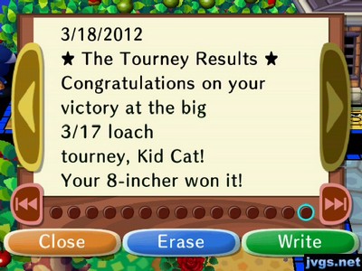 *The Tourney Results* Congratulations on your victory at the big 3/17 loach tourney, Kid Cat! Your 8-incher won it!