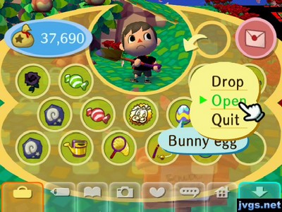 Opening a bunny egg from the inventory screen in ACCF for Nintendo Wii.