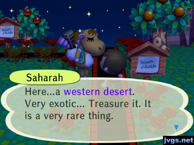 Saharah: Here...a western desert. Very exotic... Treasure it. It is a very rare thing.