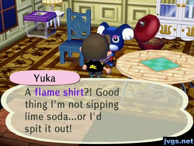 Yuka: A flame shirt?! Good thing I'm not sipping lime soda... or I'd spit it out!