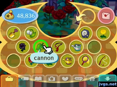 My inventory screen showing my new cannon. The player window is focused on a red rose above me instead of my character.