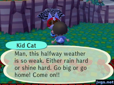 Kid Cat: Man, this halfway weather is so weak. Either rain hard or shine hard. Go big or go home! Come on!!