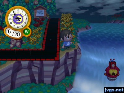 Pascal goes over the waterfall in Animal Crossing: City Folk (ACCF).