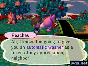 Peaches: Ah, I know. I'm going to give you an automatic washer as a token of my appreciation, neighbor!