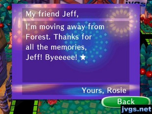 My friend Jeff, I'm moving away from Forest. Thanks for all the memories, Jeff! Byeeeee! -Yours, Rosie