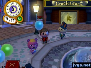 Jeff holds a cyan balloon in the city, while standing near Pippy and Vladimir.