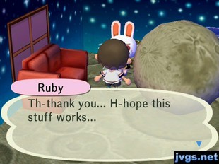 Ruby: Th-thank you... H-hope this stuff works...