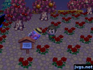 Franklin hides behind a sign post in Animal Crossing: City Folk for Nintendo Wii.