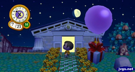 A purple balloon present floats by.