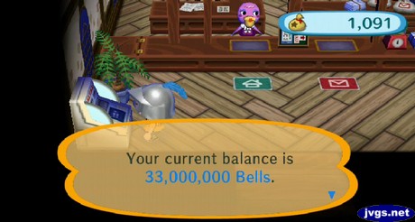 Your current balance is 33,000,000 bells.