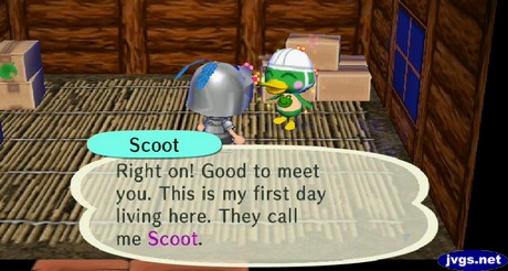 Scoot: Right on! Good to meet you. This is my first day living here. They call me Scoot.