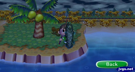 Jeff shows off a coelacanth (living fossil) in Animal Crossing: City Folk for Nintendo Wii.