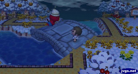 Pascal backflips into the river in Animal Crossing: City Folk.