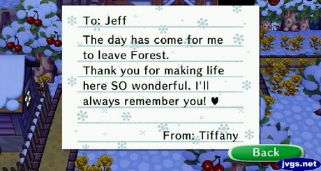 To: Jeff, The day has come for me to leave Forest. Thank you for making here SO wonderful. I'll always remember you! -From: Tiffany