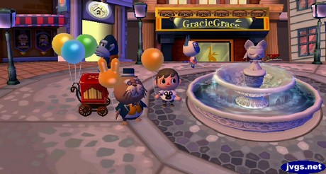 Jeff holds an orange balloon and Phineas holds an orange bunny balloon in Animal Crossing: City Folk.