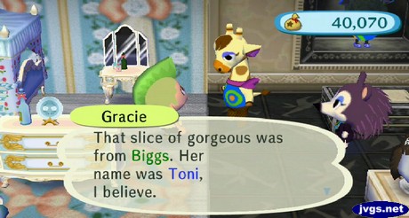 Gracie: That slice of gorgeous was from Biggs. Her name was Toni, I believe.