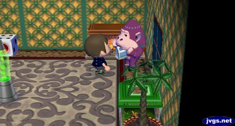 Violet takes her medicine from Jeff in Animal Crossing: City Folk.