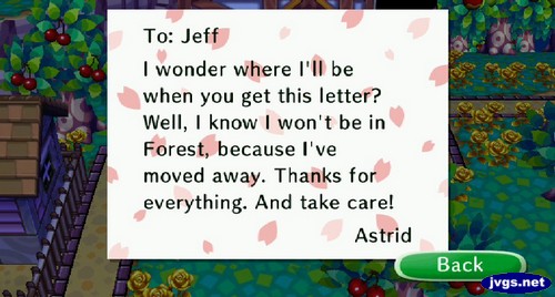 To: Jeff, I wonder where I'll be when you get this letter? Well, I know I won't be in Forest, because I've moved away. Thanks for everything. And take care! -Astrid