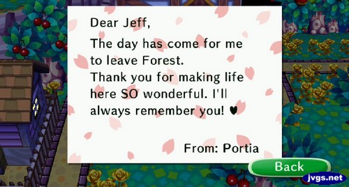 Dear Jeff, The day has come for me to leave Forest. Thank you for making life here SO wonderful. I'll always remember you! -From: Portia