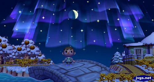 The northern lights in Animal Crossing: City Folk.