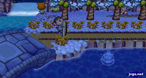 Catching a stringfish in Animal Crossing: City Folk.