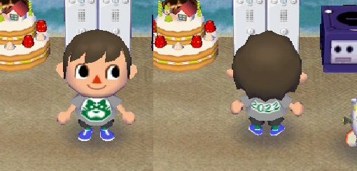 The front and back of the New Year's shirt for 2022 in Animal Crossing: City Folk.