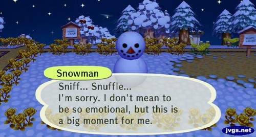 Snowman: Sniff... Snuffle... I'm sorry. I don't mean to be so emotional, but this is a big moment for me.