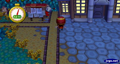 Antonio peeks out from behind the bulletin board during a game of hide-and-seek in Animal Crossing: City Folk.