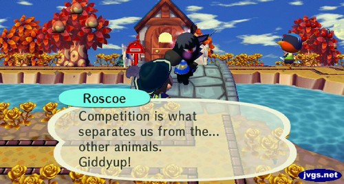 Roscoe: Competition is what separates us from the... other animals. Giddyup!