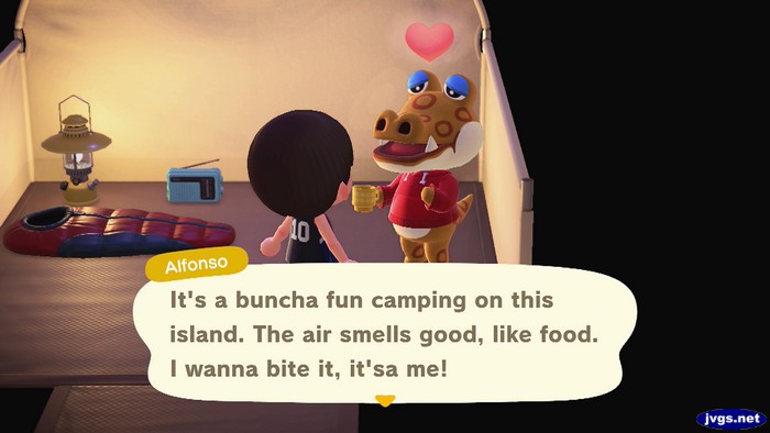 Alfonso: It's a buncha fun camping on this island. The air smells good, like food. I wanna bite it, it'sa me!