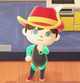 Jeff tries on the cavalier hat in Animal Crossing: New Horizons.