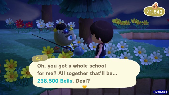 C.J.: Oh, you got a whole school for me? All together that'll be... 238,500 bells. Deal?